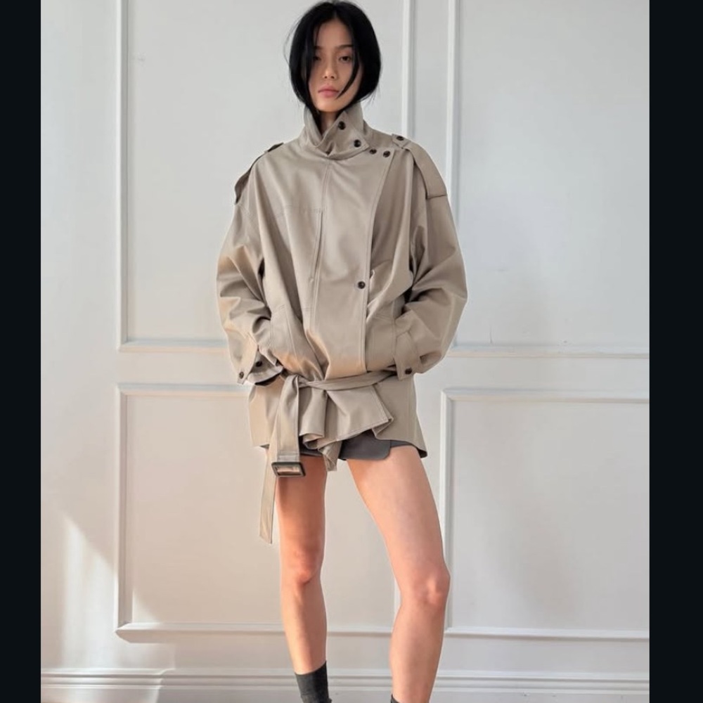 Simonett Asymmetrical Belted Trench Jacket Khaki